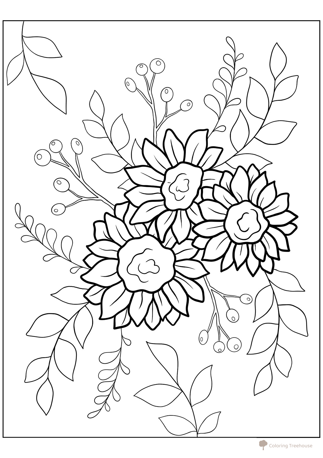 Three Little Sunflowers Coloring Page free printable Flower Coloring Pages coloring page