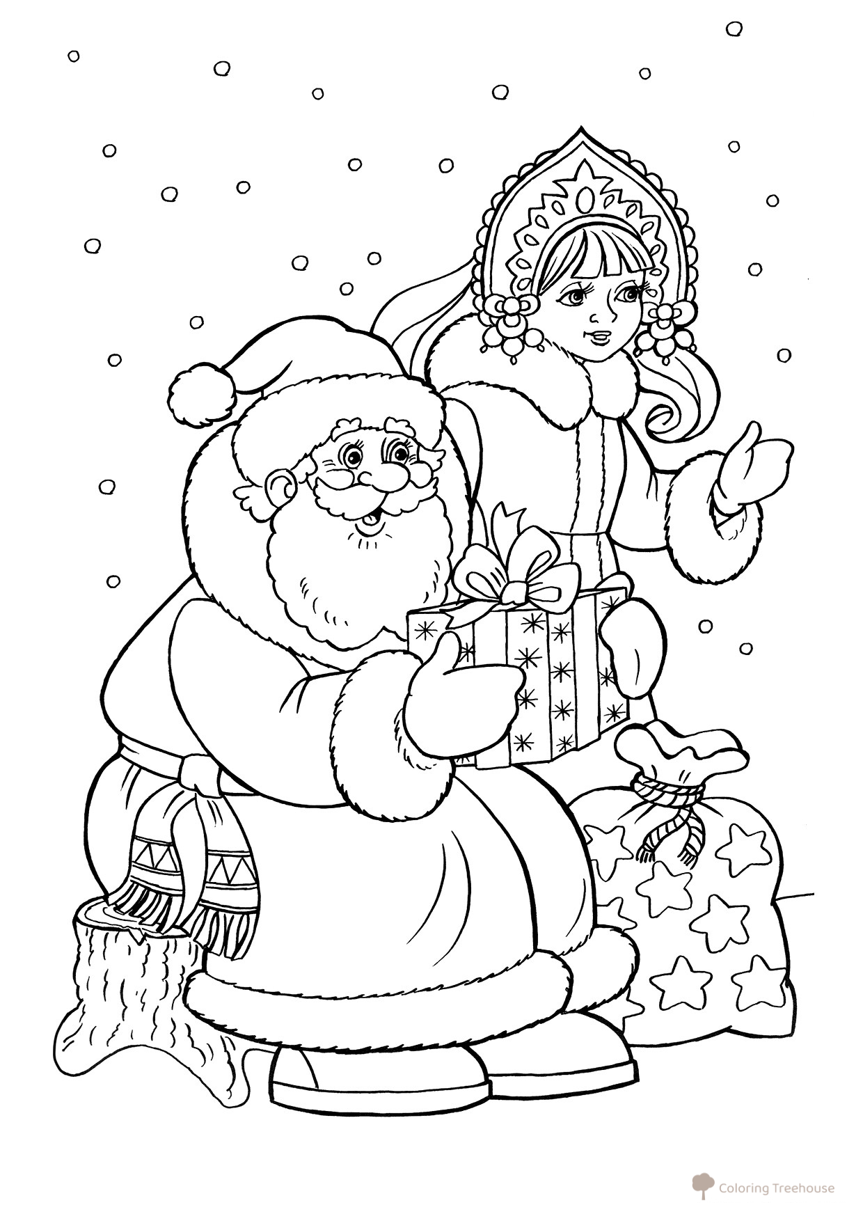 Dibujo para colorear: Ded Moroz y Snegurochka con regalos dibujo para colorear gratis de Páginas para colorear de Ded Moroz y Snegurochka