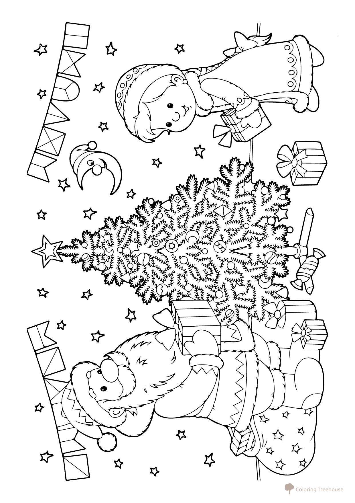 Páginas para colorear: Ded Moroz y Snegurochka colocando regalos bajo el árbol dibujo para colorear gratis de Páginas para colorear de Ded Moroz y Snegurochka