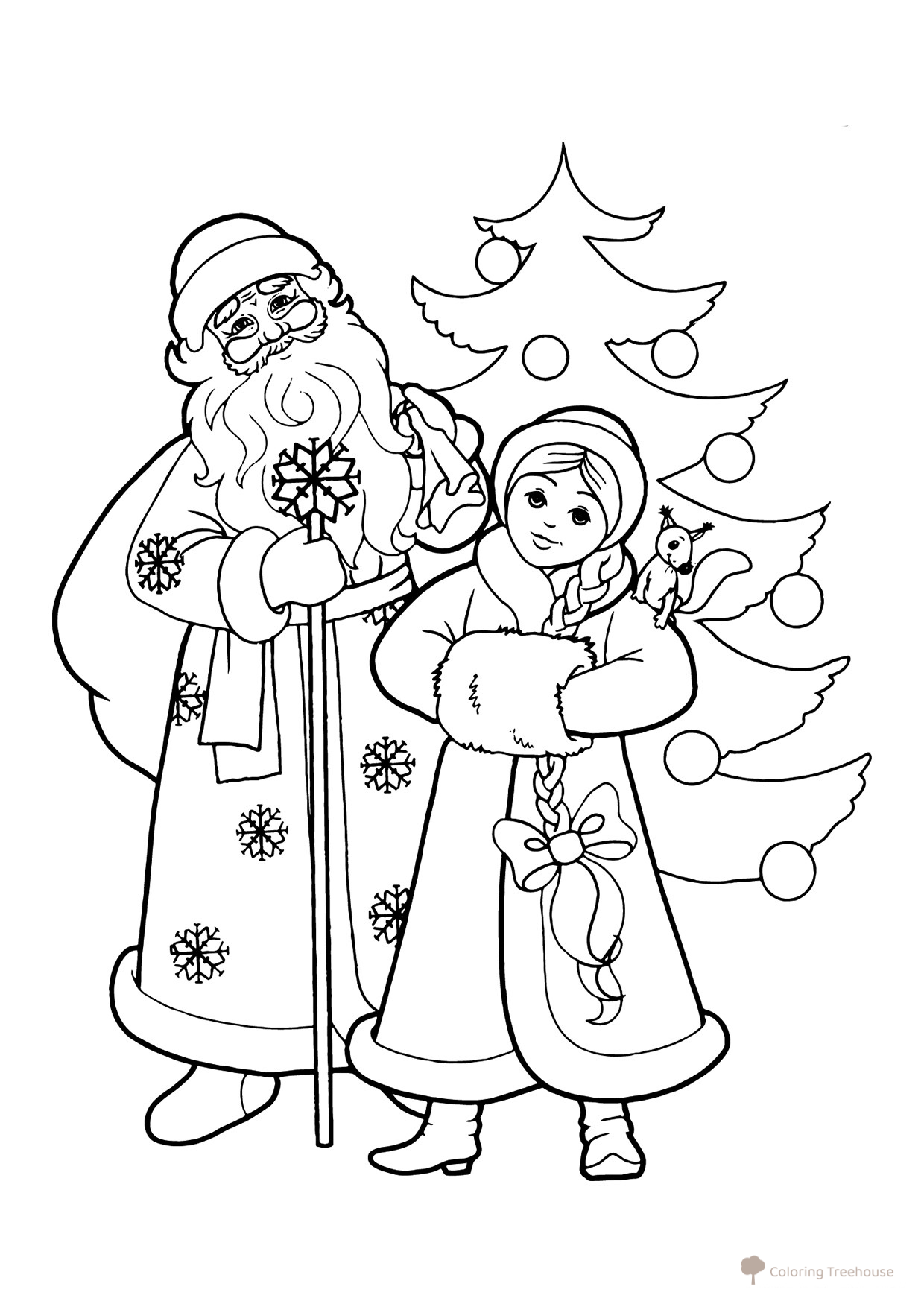 Father Frost (Ded Moroz) and Snow Maiden Coloring Page — Beside a Christmas Tree free printable Santa Claus and Snow Maiden Coloring Pages coloring page
