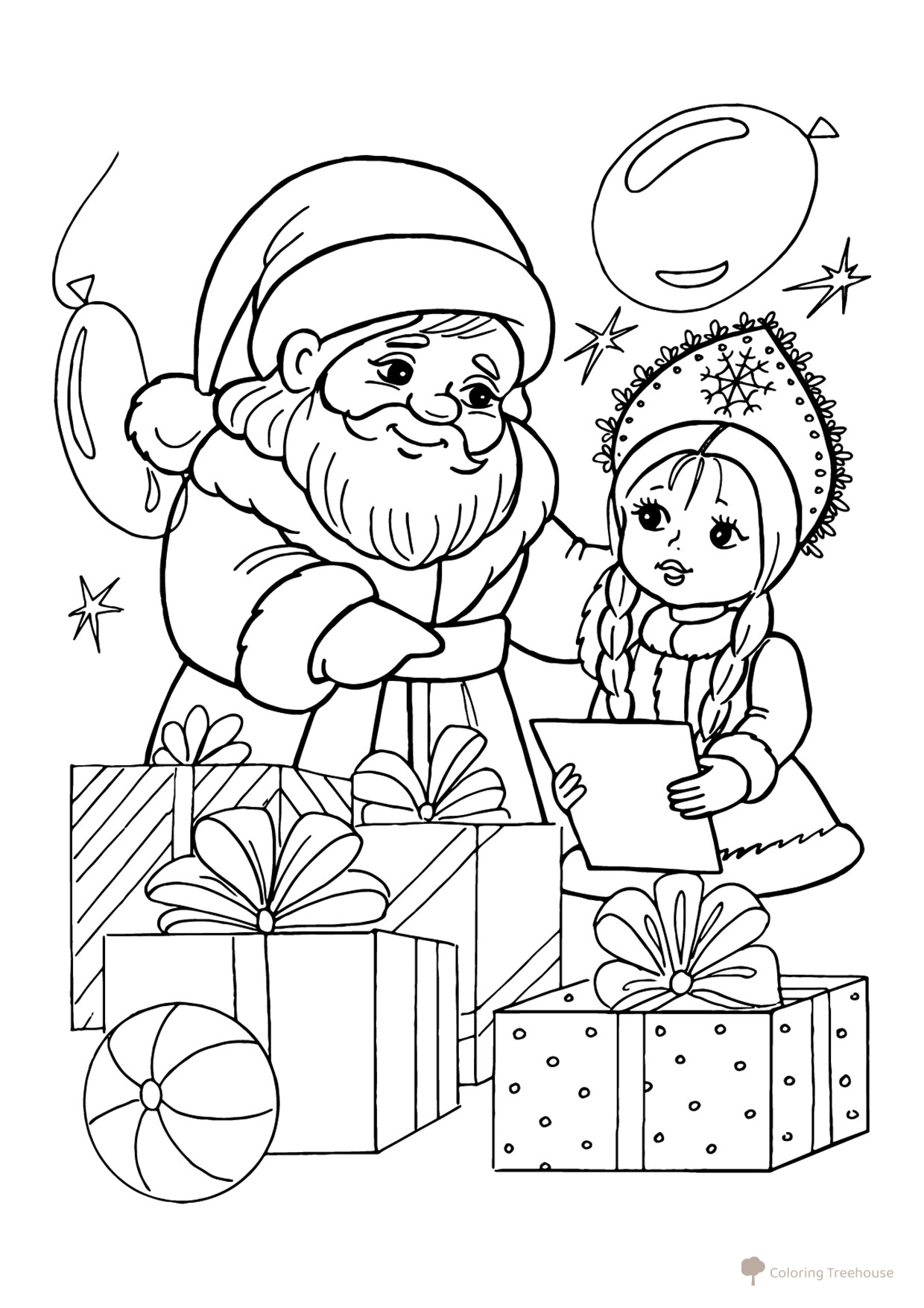 Ded Moroz, Snegurochka and Gifts Coloring Page free printable Santa Claus and Snow Maiden Coloring Pages coloring page