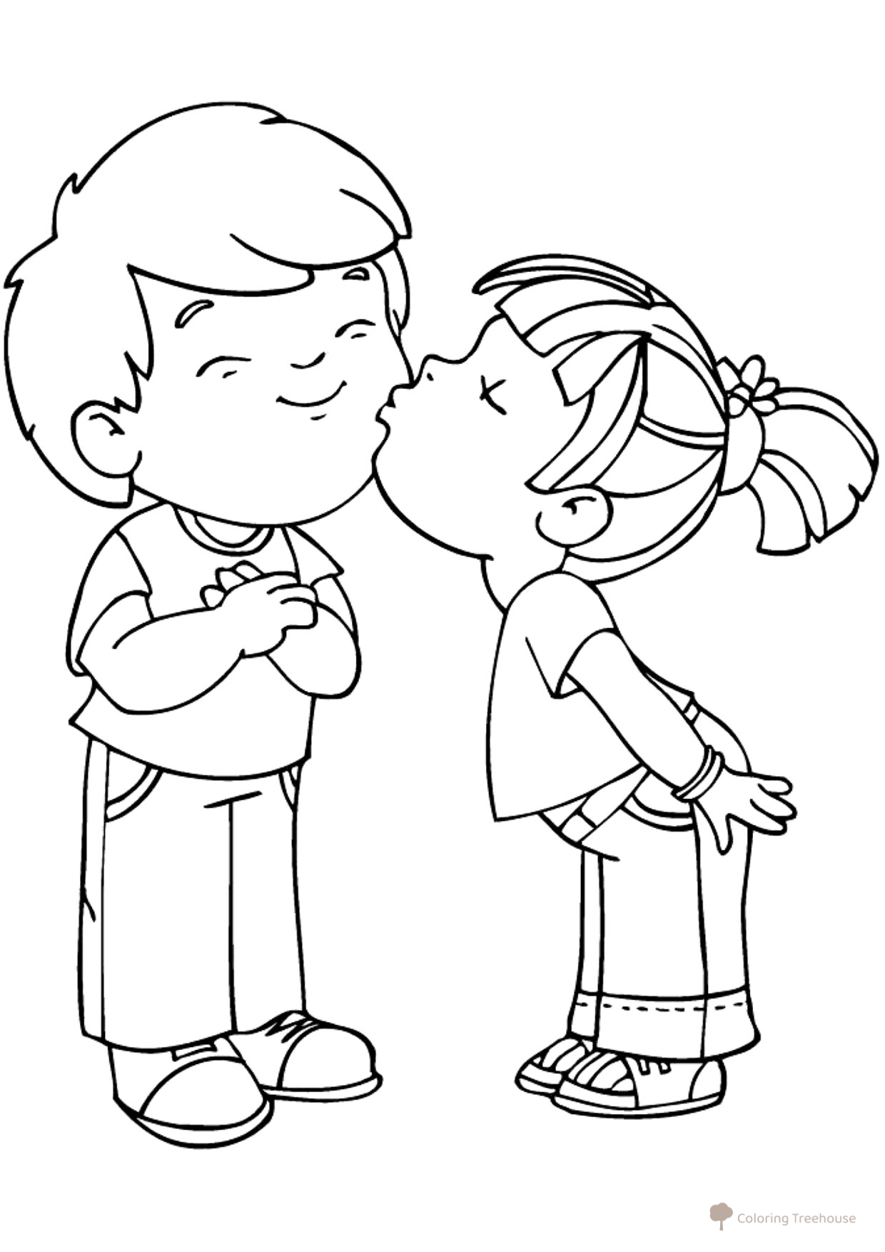 Girl Kissing Boy Coloring Page free printable Valentine's Day Coloring Pages and Valentine Cards coloring page
