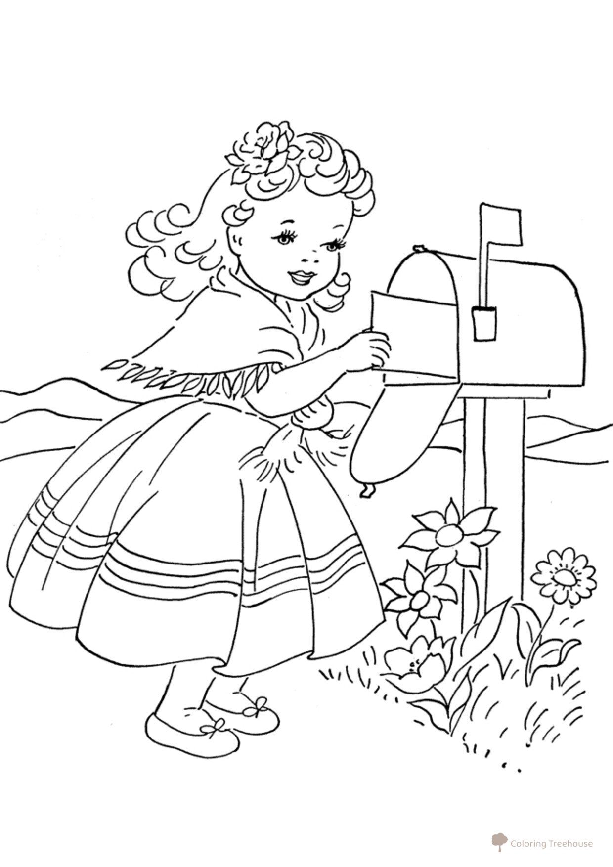 Girl Receiving a Valentine — Printable Valentine's Day Coloring Page free printable Valentine's Day Coloring Pages and Valentine Cards coloring page
