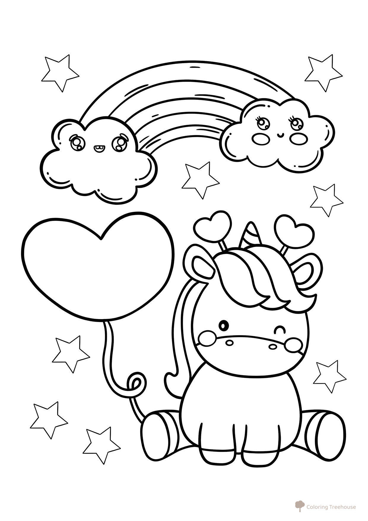 Unicorn Coloring Page — Rainbow and Heart free printable Valentine's Day Coloring Pages and Valentine Cards coloring page