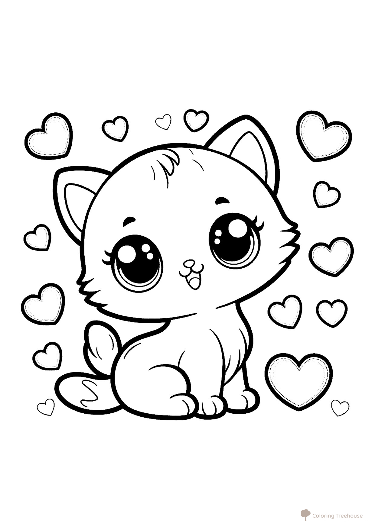 Kitten with Hearts Coloring Page free printable Valentine's Day Coloring Pages and Valentine Cards coloring page