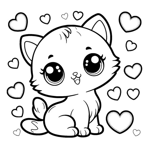 Kitten with Hearts Coloring Page free printable Valentine's Day Coloring Pages and Valentine Cards coloring page
