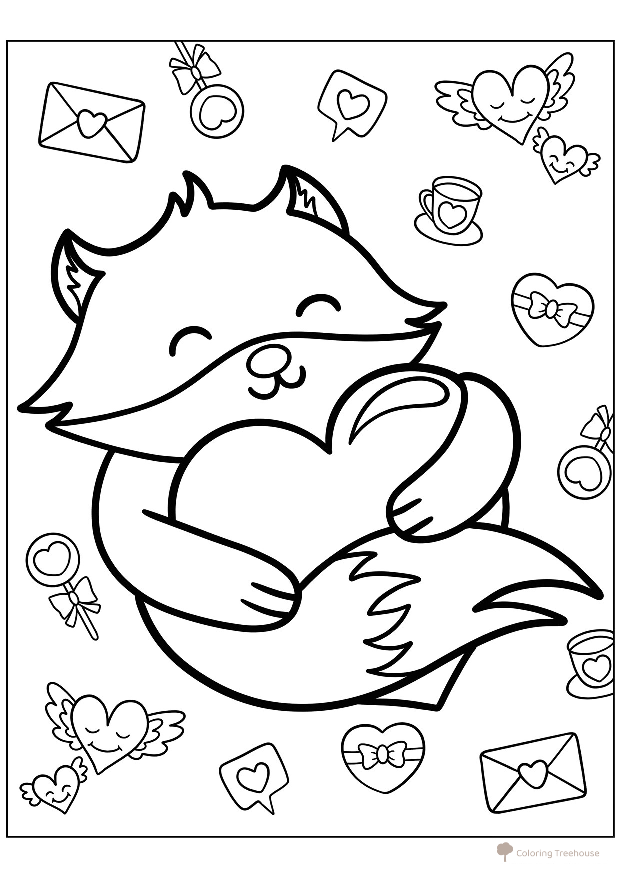 Fox Cub Holding a Heart Coloring Page free printable Valentine's Day Coloring Pages and Valentine Cards coloring page