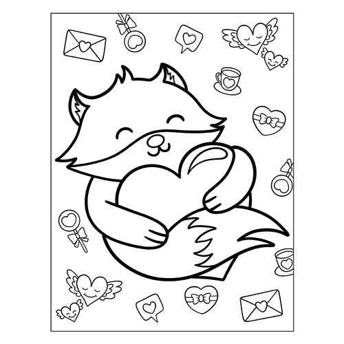 Fox Cub Holding a Heart Coloring Page free printable Valentine's Day Coloring Pages and Valentine Cards coloring page