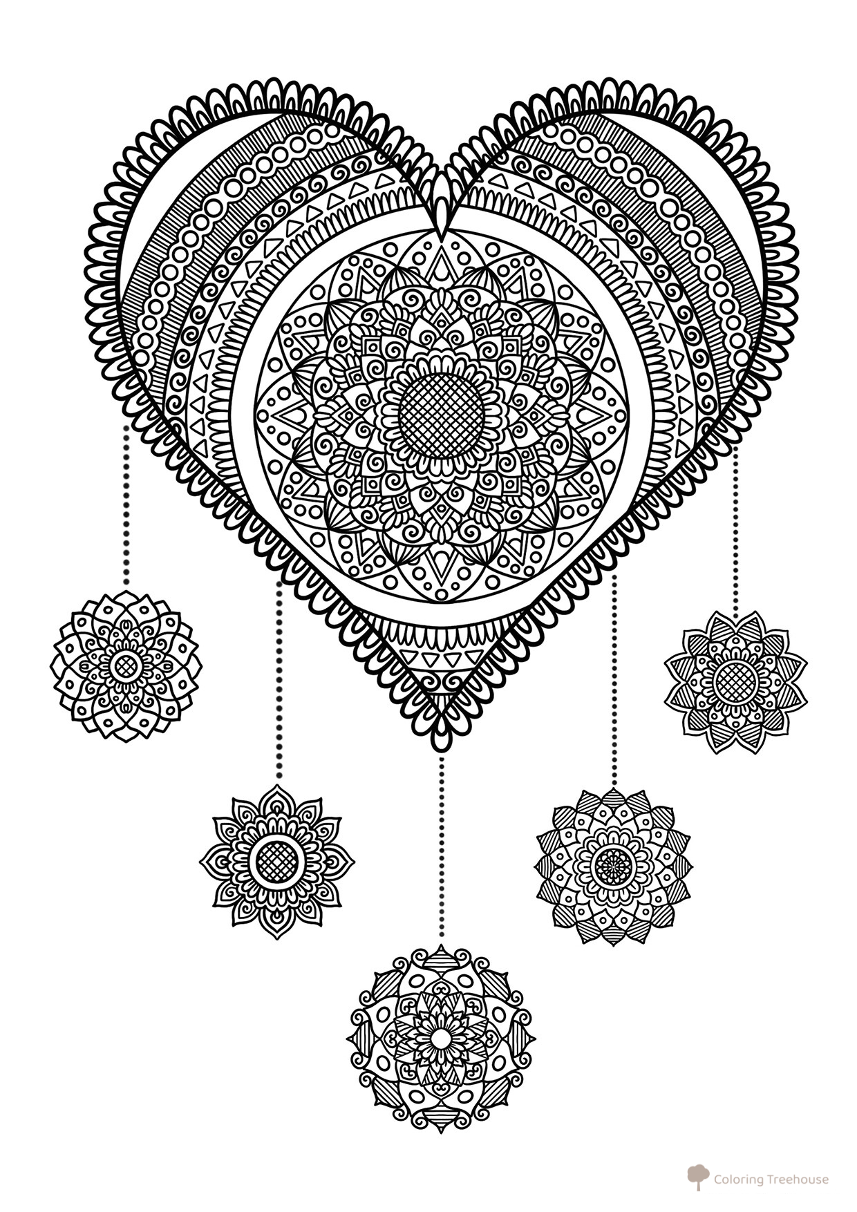 Heart-Shaped Dreamcatcher Mandala Coloring Page free printable Valentine's Day Coloring Pages and Valentine Cards coloring page