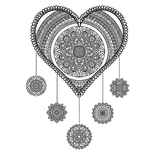 Heart-Shaped Dreamcatcher Mandala Coloring Page free printable Valentine's Day Coloring Pages and Valentine Cards coloring page