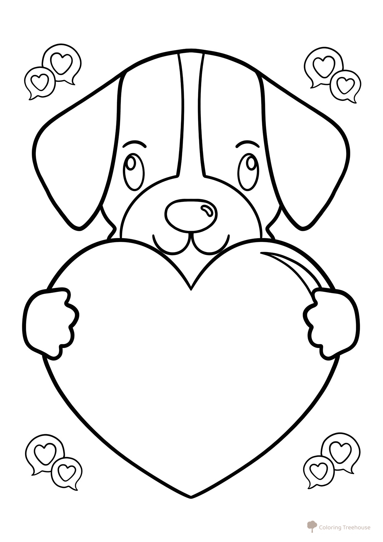 Página para colorear: Perrito adorable sosteniendo un corazón dibujo para colorear gratis de Hojas para colorear del Día de San Valentín (14 de febrero)