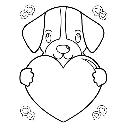Página para colorear: Perrito adorable sosteniendo un corazón dibujo para colorear gratis de Hojas para colorear del Día de San Valentín (14 de febrero)