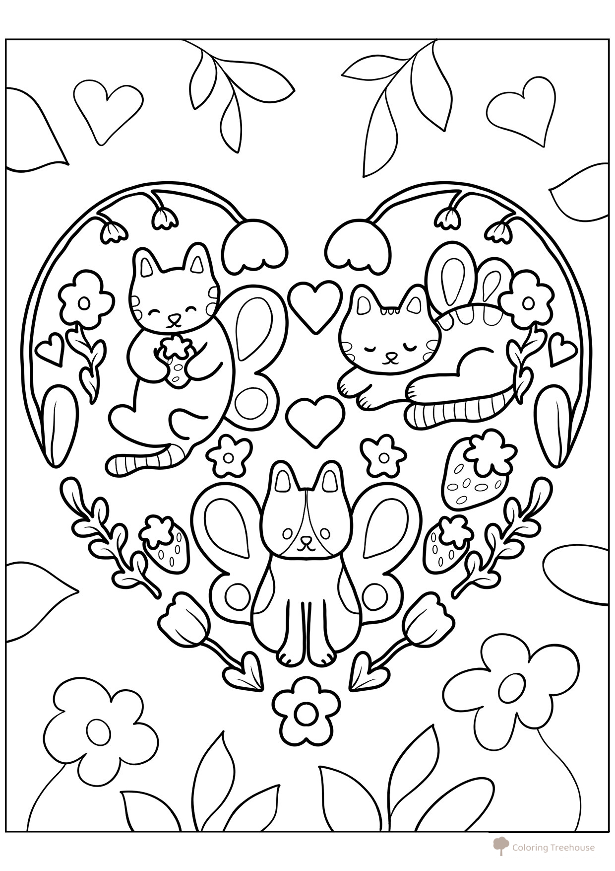 Página para colorear «Dulce tarjeta de San Valentín con gatitos» dibujo para colorear gratis de Hojas para colorear del Día de San Valentín (14 de febrero)