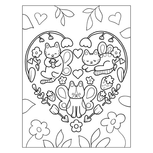 Página para colorear «Dulce tarjeta de San Valentín con gatitos» dibujo para colorear gratis de Hojas para colorear del Día de San Valentín (14 de febrero)