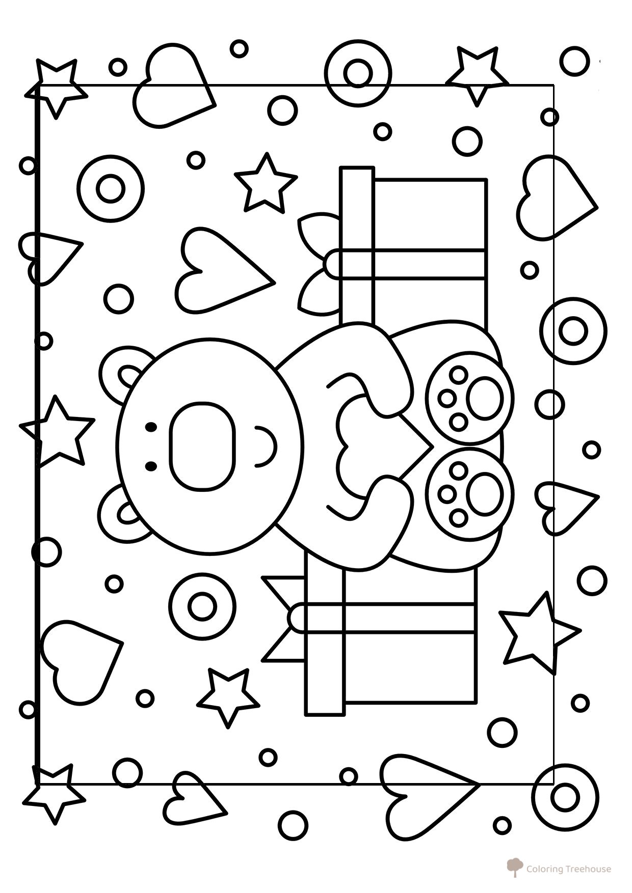 Página para colorear: linda tarjeta de San Valentín con osito y corazones dibujo para colorear gratis de Hojas para colorear del Día de San Valentín (14 de febrero)