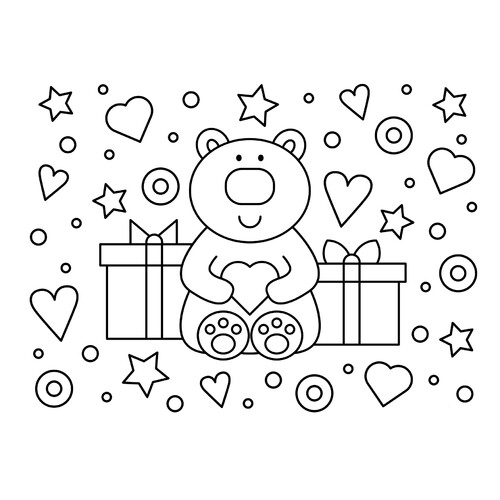 Página para colorear: linda tarjeta de San Valentín con osito y corazones dibujo para colorear gratis de Hojas para colorear del Día de San Valentín (14 de febrero)