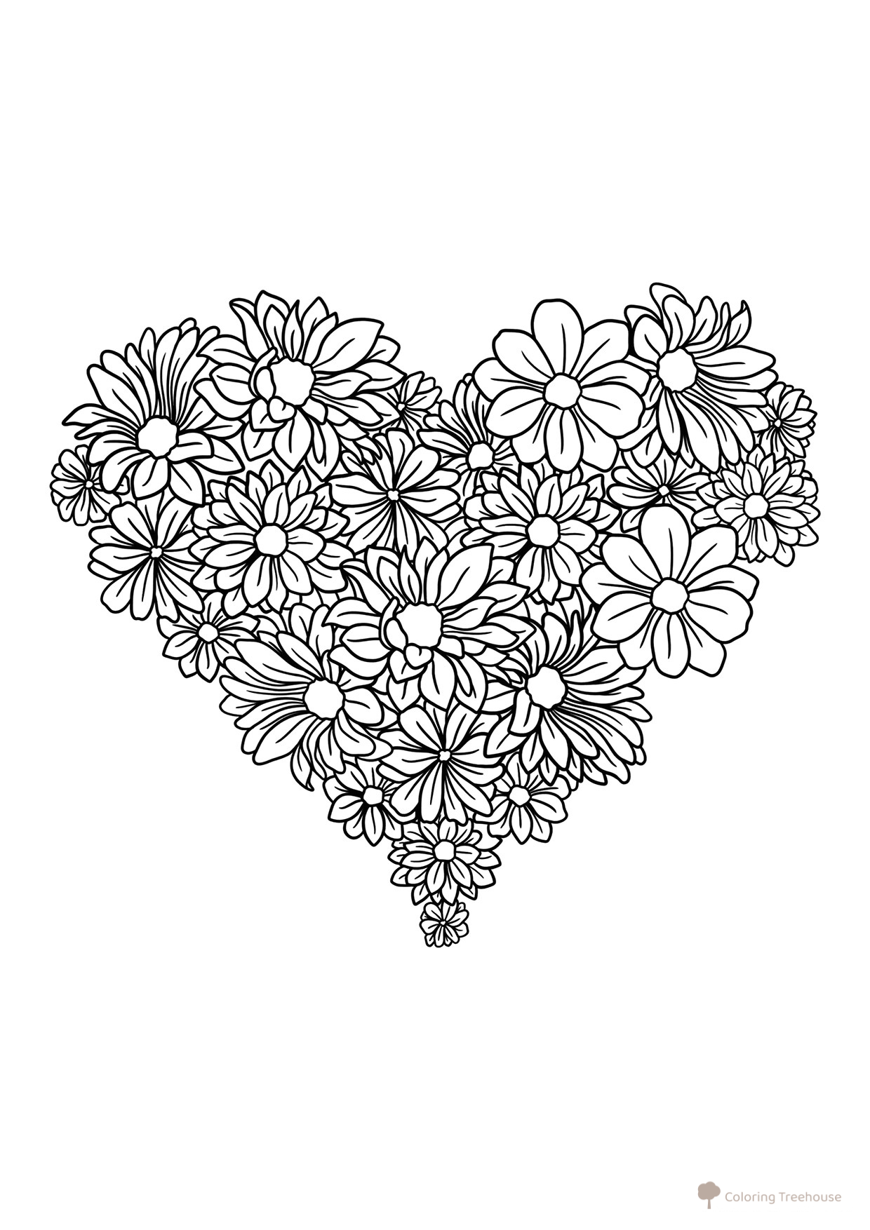 Página para colorear: Corazón hecho de flores dibujo para colorear gratis de Hojas para colorear del Día de San Valentín (14 de febrero)