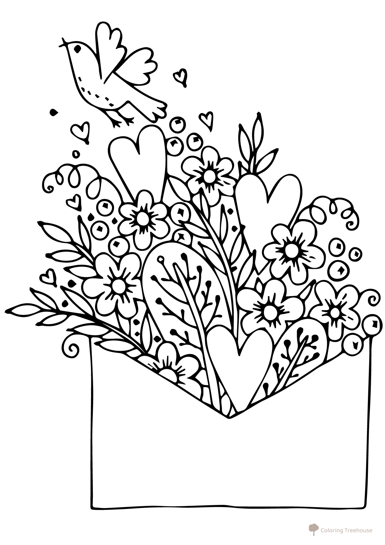 Valentín: sobre de flores con pajarito — página para colorear dibujo para colorear gratis de Hojas para colorear del Día de San Valentín (14 de febrero)