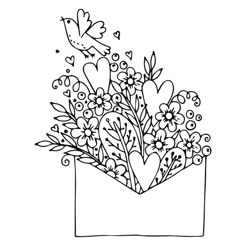Valentín: sobre de flores con pajarito — página para colorear dibujo para colorear gratis de Hojas para colorear del Día de San Valentín (14 de febrero)
