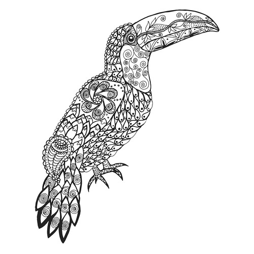 Página para colorear: Tucán dibujo para colorear gratis de Complejas y bellas hojas para colorear de animales, aves, peces e insectos