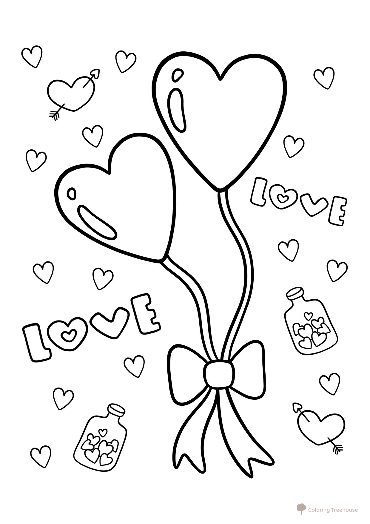 Valentine Coloring Page with Heart Balloons free printable Valentine's Day Coloring Pages and Valentine Cards coloring page