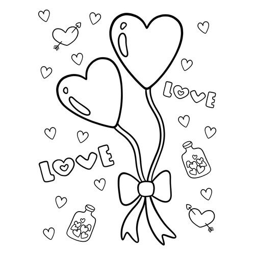 Valentine Coloring Page with Heart Balloons free printable Valentine's Day Coloring Pages and Valentine Cards coloring page