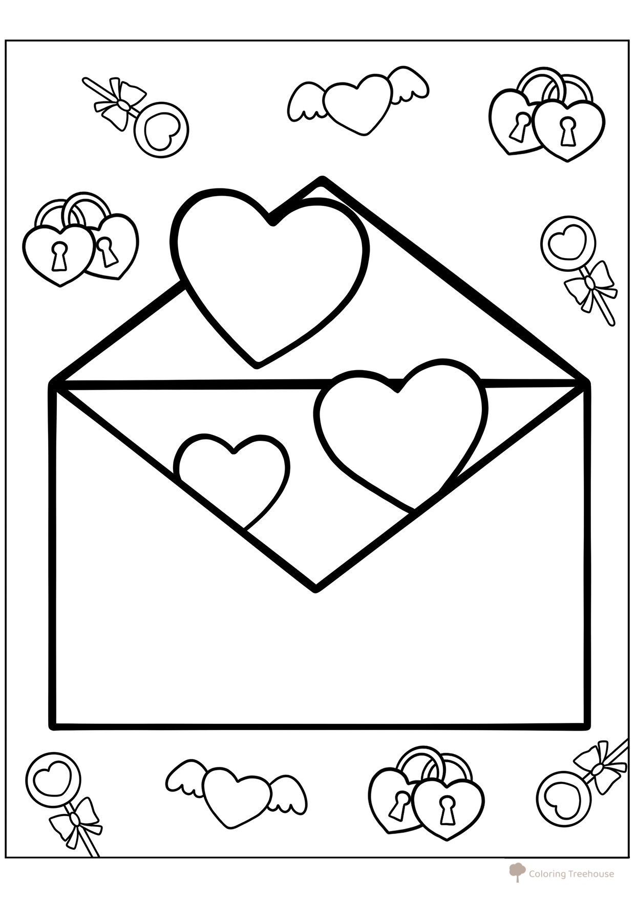 Valentine Hearts from an Envelope Coloring Page free printable Valentine's Day Coloring Pages and Valentine Cards coloring page
