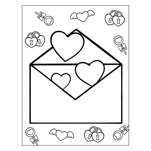 Valentine Hearts from an Envelope Coloring Page free printable Valentine's Day Coloring Pages and Valentine Cards coloring page