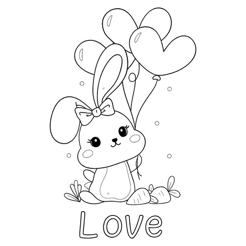 Página para colorear «Conejito con globos en forma de corazón» dibujo para colorear gratis de Hojas para colorear del Día de San Valentín (14 de febrero)