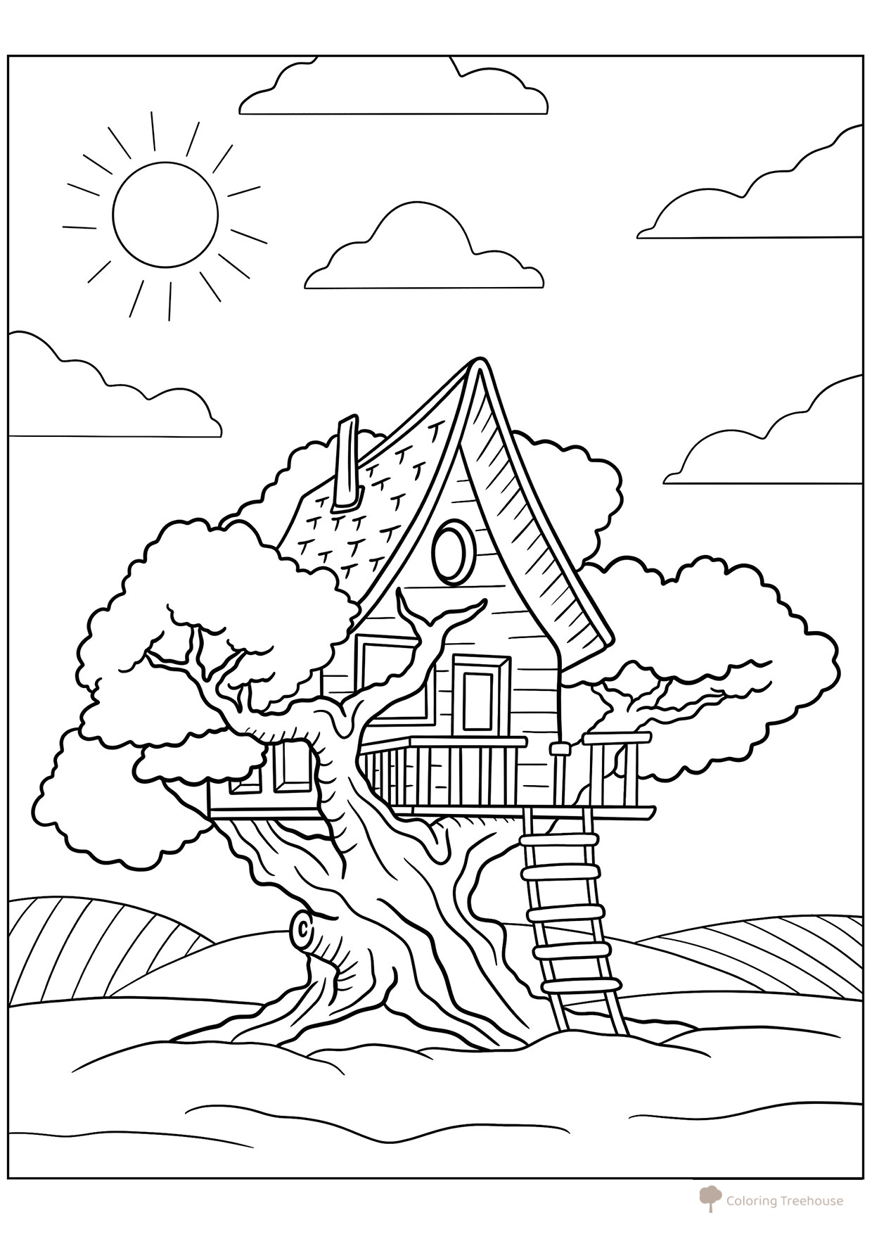 Big Treehouse Coloring Page free printable Tree Coloring Pages coloring page