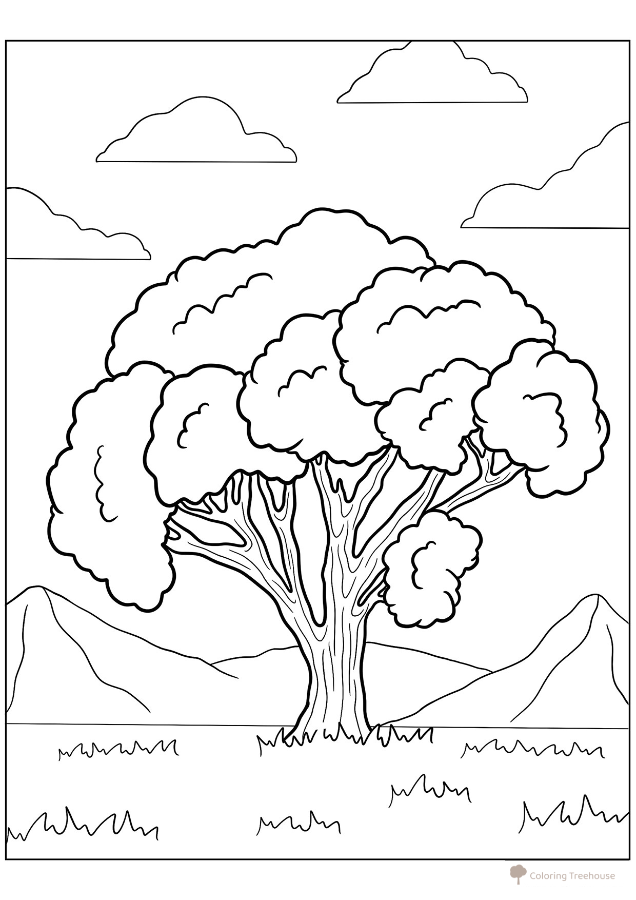 Tree in the Mountains Coloring Page free printable Tree Coloring Pages coloring page