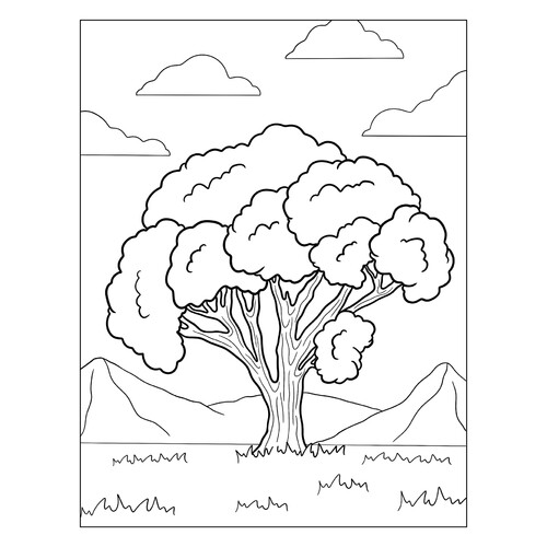Tree in the Mountains Coloring Page free printable Tree Coloring Pages coloring page