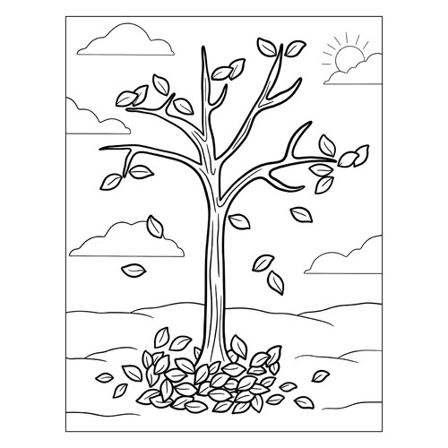 Página para colorear: Árbol desnudo en otoño con hojas que caen dibujo para colorear gratis de Páginas para colorear de árboles