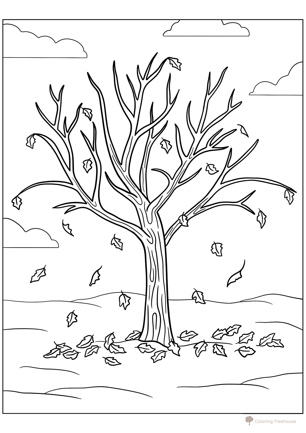 Página para colorear: Árbol otoñal con hojas cayendo dibujo para colorear gratis de Páginas para colorear de árboles