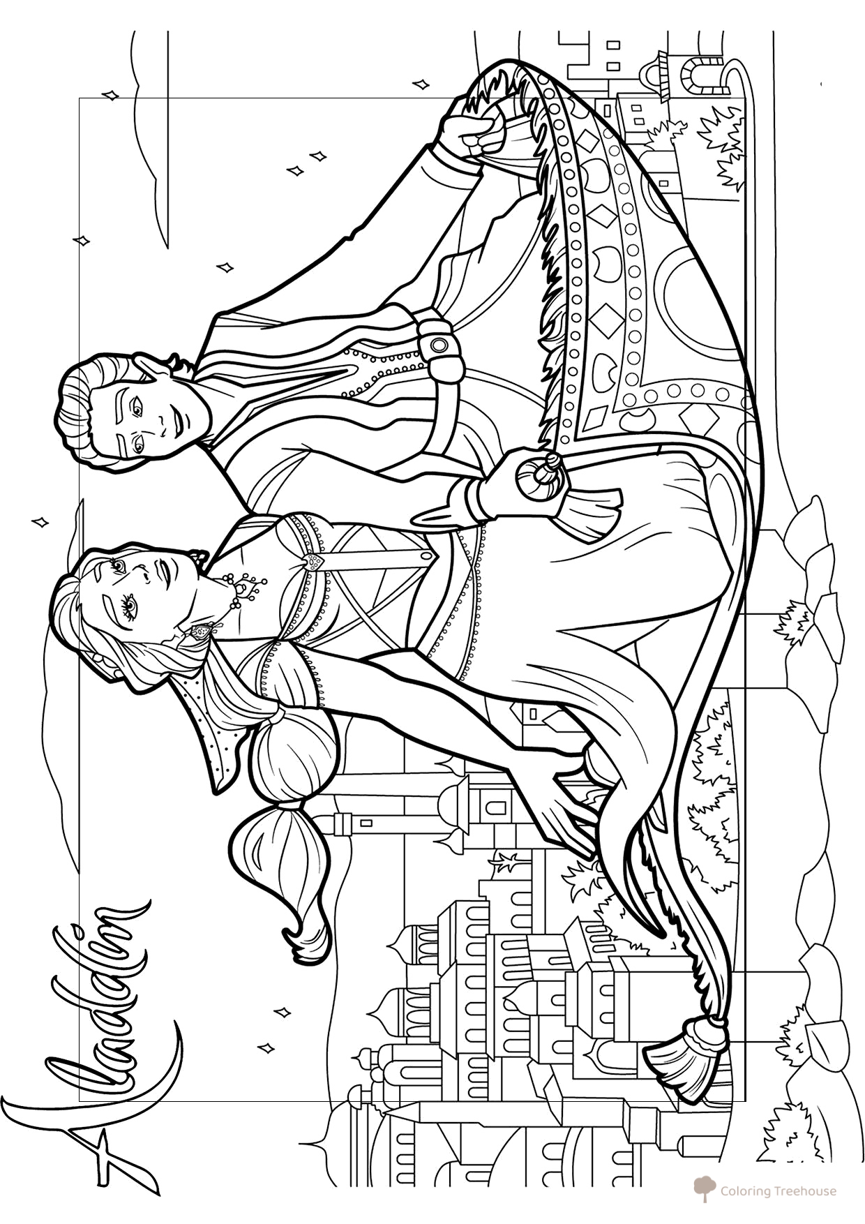 Página para colorear: Aladdin y Jasmine en la alfombra dibujo para colorear gratis de Aladdin 2019 Coloring Pages