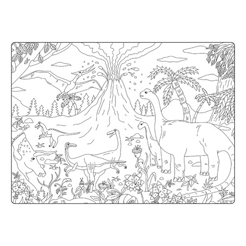 Dinosaurs and Volcano Eruption Coloring Page free printable Dinosaur Coloring Pages coloring page