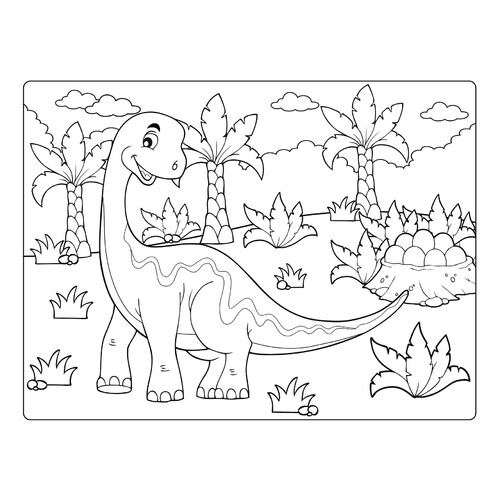 Página para colorear: Gran dinosaurio de dibujos animados con huevos dibujo para colorear gratis de Dinosaur Coloring Pages