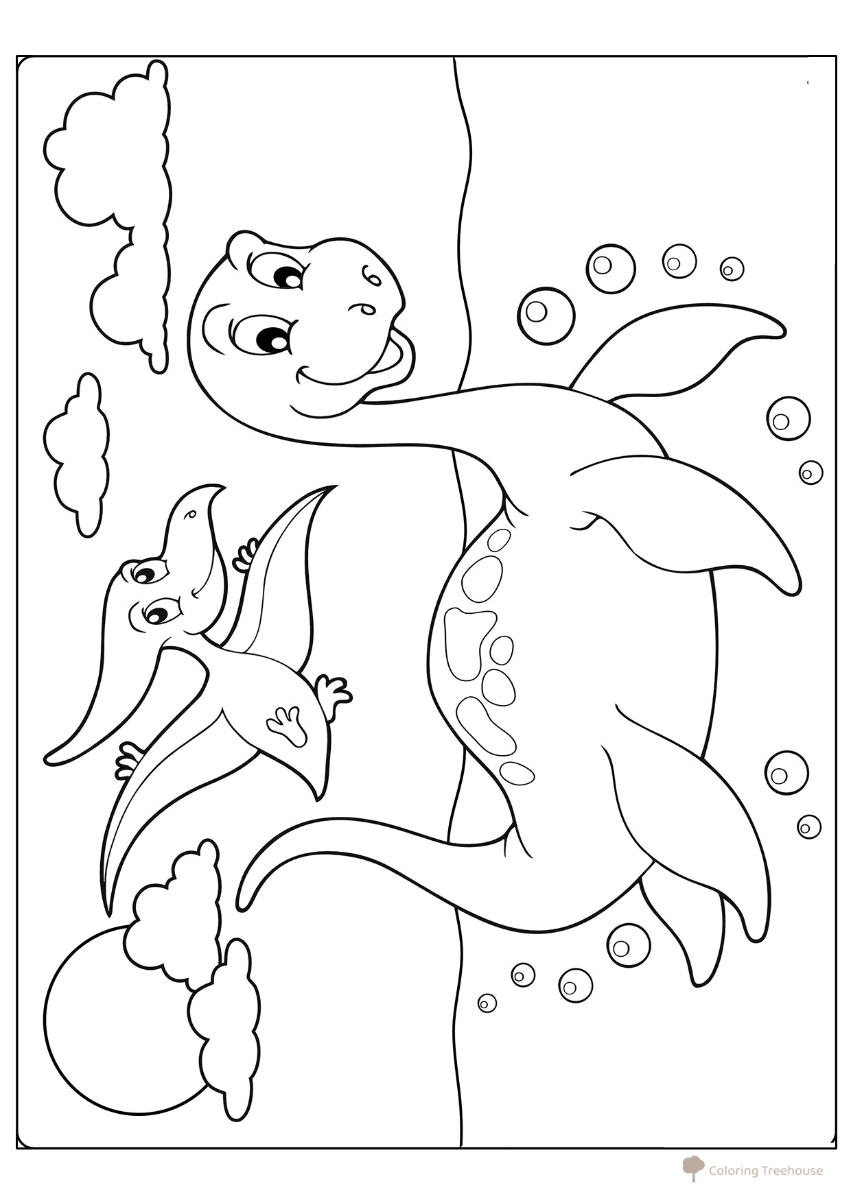 Página para colorear: Plesiosaurio y Pterodáctilo en estilo de dibujos animados dibujo para colorear gratis de Dinosaur Coloring Pages