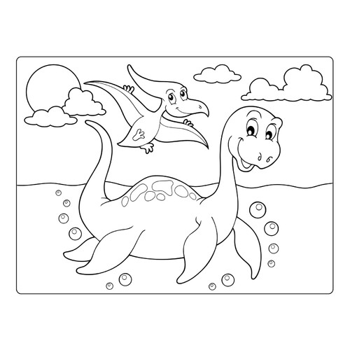 Página para colorear: Plesiosaurio y Pterodáctilo en estilo de dibujos animados dibujo para colorear gratis de Dinosaur Coloring Pages
