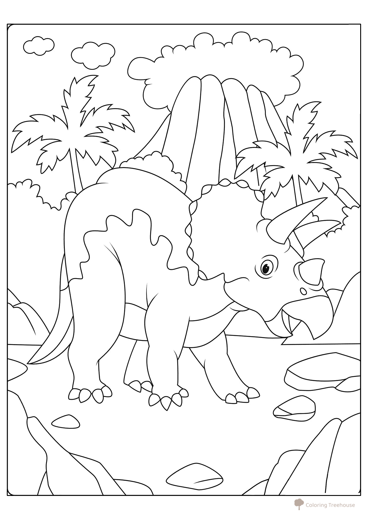 Página para colorear: Triceratops junto a un volcán dibujo para colorear gratis de Dinosaur Coloring Pages