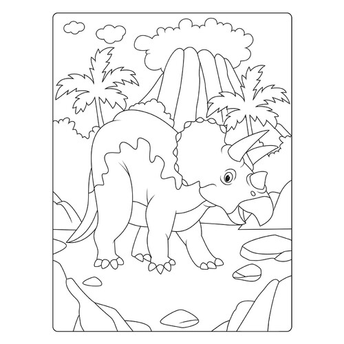 Triceratops Coloring Page Next to a Volcano free printable Dinosaur Coloring Pages coloring page