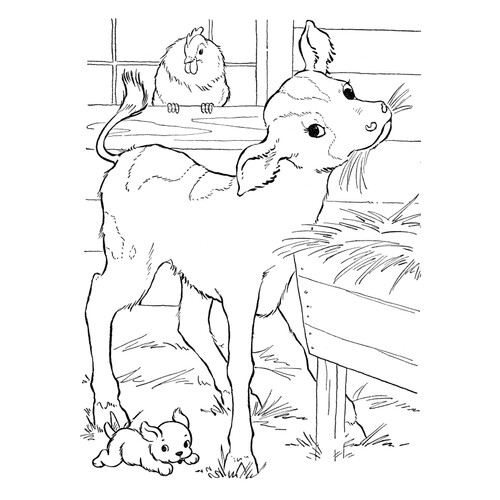Dibujo para colorear: Ternerito, gallina y perrito dibujo para colorear gratis de Páginas para colorear de animales domésticos