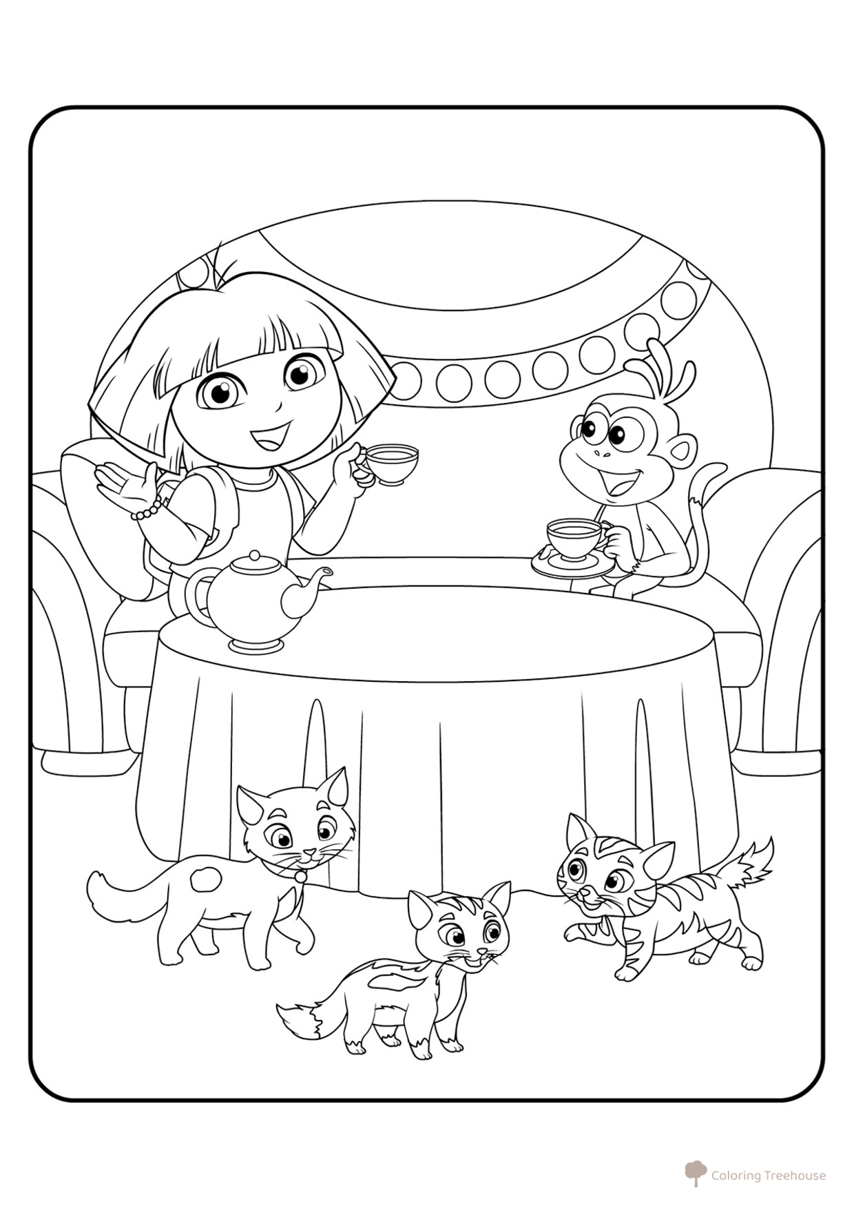 Pintar: La fiesta del té con Dora la Exploradora dibujo para colorear gratis de Páginas para colorear de Dora la exploradora