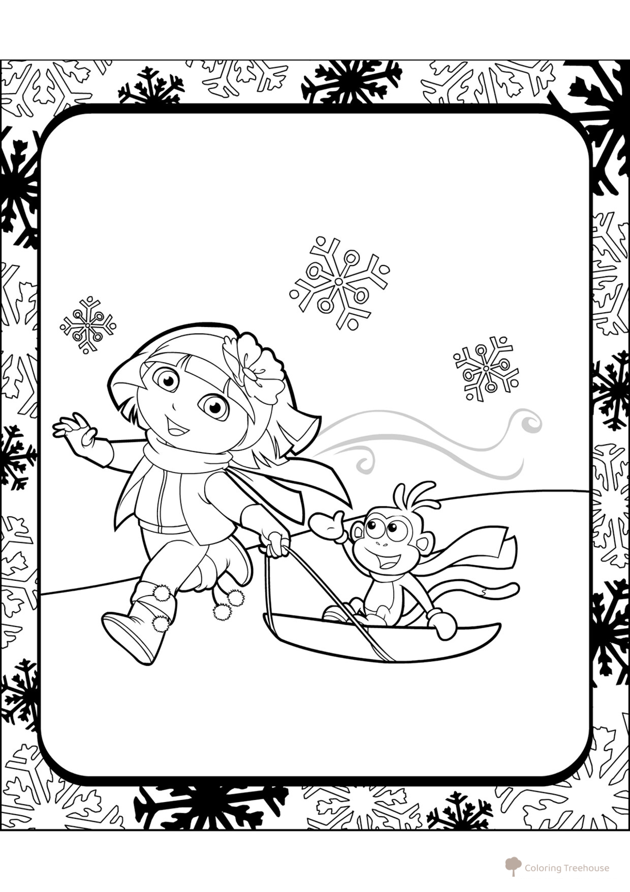 Dasha and Bashmachok on a Sled Coloring Page free printable Dora the Explorer Coloring Pages coloring page