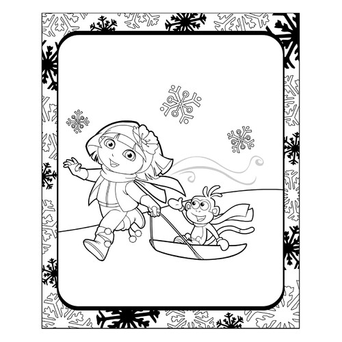 Dasha and Bashmachok on a Sled Coloring Page free printable Dora the Explorer Coloring Pages coloring page