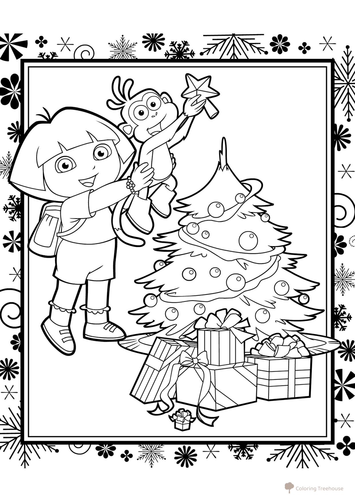 Dasha y el Zapato decoran el árbol - página para colorear dibujo para colorear gratis de Páginas para colorear de Dora la exploradora