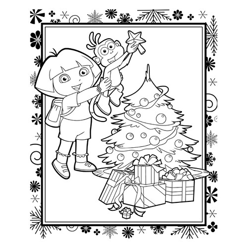 Dasha y el Zapato decoran el árbol - página para colorear dibujo para colorear gratis de Páginas para colorear de Dora la exploradora