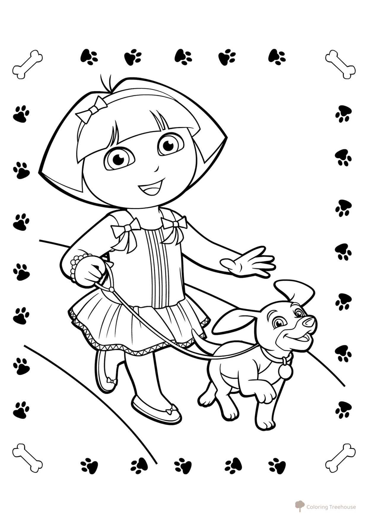 Dasha paseando con un cachorro - página para colorear dibujo para colorear gratis de Páginas para colorear de Dora la exploradora