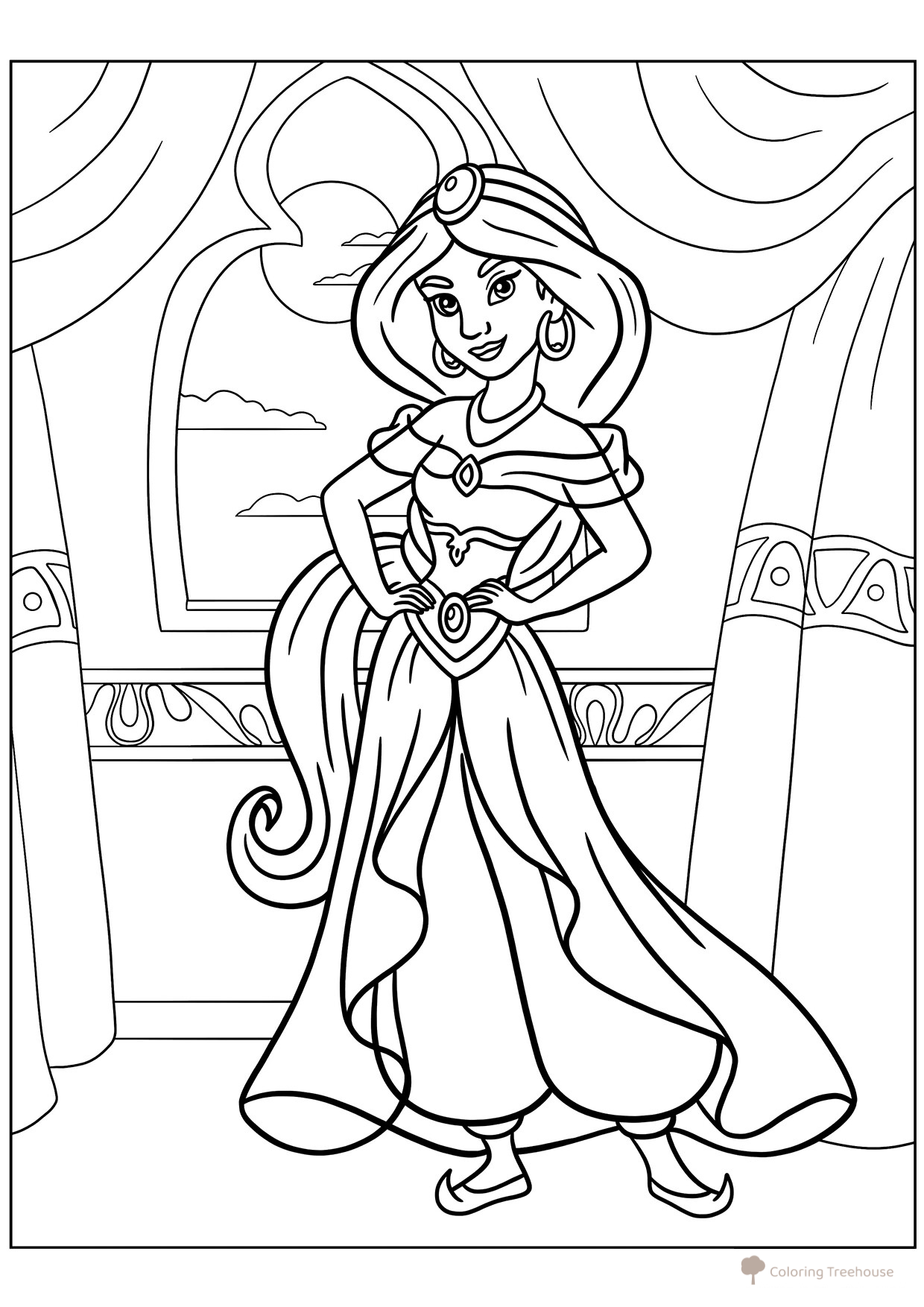 Página para colorear: La preciosa princesa Jazmín dibujo para colorear gratis de Páginas para colorear de Aladdín y Jazmín