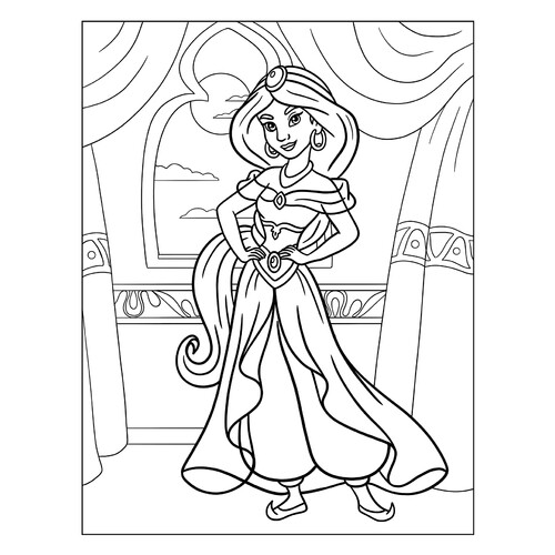 Página para colorear: La preciosa princesa Jazmín dibujo para colorear gratis de Páginas para colorear de Aladdín y Jazmín